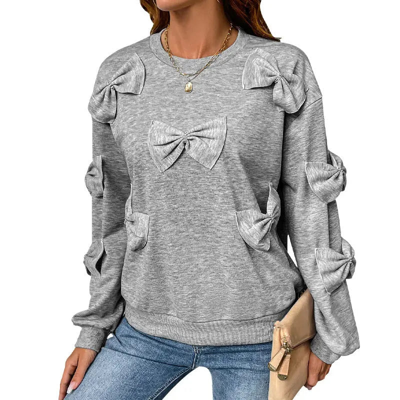 Autumn Sweet Casual Personalized Bow Tie Splicing Gray Regular Sleeve Neck Women - Zeprah