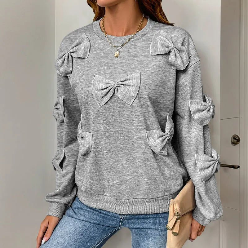 Autumn Sweet Casual Personalized Bow Tie Splicing Gray Regular Sleeve Neck Women - Zeprah