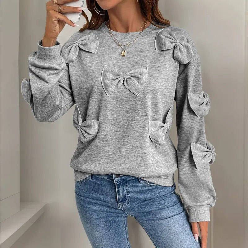 Autumn Sweet Casual Personalized Bow Tie Splicing Gray Regular Sleeve Neck Women - Zeprah