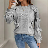 Autumn Sweet Casual Personalized Bow Tie Splicing Gray Regular Sleeve Neck Women - Zeprah