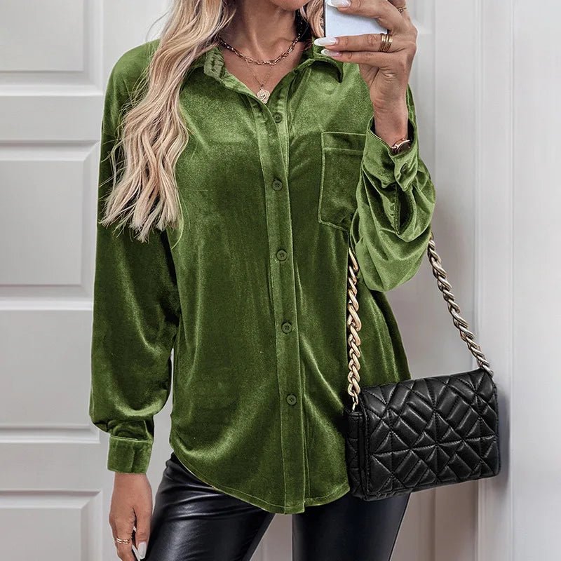 Autumn Velvet Solid Color Turn - Down Collar Lantern Sleeve Shirt - Zeprah
