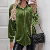 Autumn Velvet Solid Color Turn - Down Collar Lantern Sleeve Shirt - Zeprah