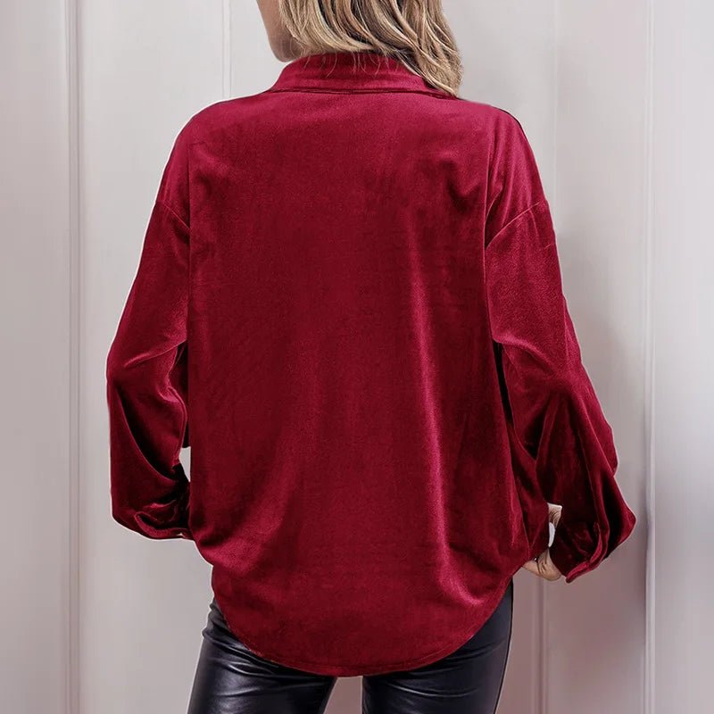 Autumn Velvet Solid Color Turn - Down Collar Lantern Sleeve Shirt - Zeprah