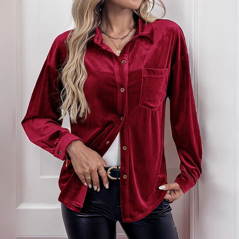 Autumn Velvet Solid Color Turn - Down Collar Lantern Sleeve Shirt - Zeprah