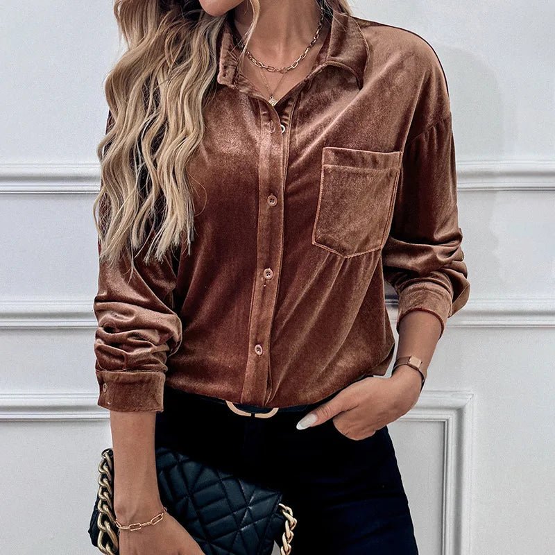 Autumn Velvet Solid Color Turn - Down Collar Lantern Sleeve Shirt - Zeprah