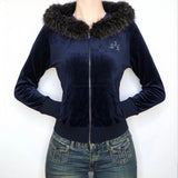 Autumn Vintage Velour Hooded Jacket Women's Retro Faux Fur Trim Zip up Sporty Sweatshirt Warm Eco - Friendly Front Logo Coat - Zeprah