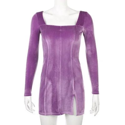 Autumn Vintage Women's Retro Velvet Casual Dress Sexy Split Square Neck Long Sleeves Washable Woven - Zeprah