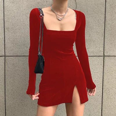 Autumn Vintage Women's Retro Velvet Casual Dress Sexy Split Square Neck Long Sleeves Washable Woven - Zeprah