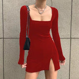 Autumn Vintage Women's Retro Velvet Casual Dress Sexy Split Square Neck Long Sleeves Washable Woven - Zeprah
