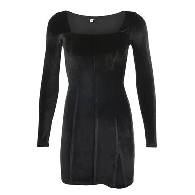Autumn Vintage Women's Retro Velvet Casual Dress Sexy Split Square Neck Long Sleeves Washable Woven - Zeprah