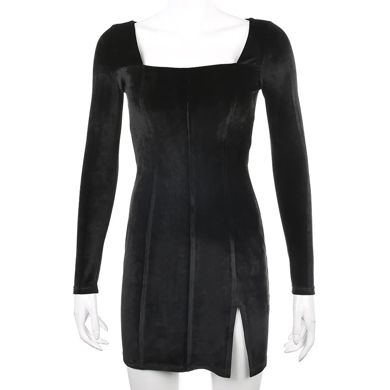 Autumn Vintage Women's Retro Velvet Casual Dress Sexy Split Square Neck Long Sleeves Washable Woven - Zeprah