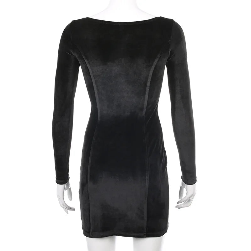 Autumn Vintage Women's Retro Velvet Casual Dress Sexy Split Square Neck Long Sleeves Washable Woven - Zeprah