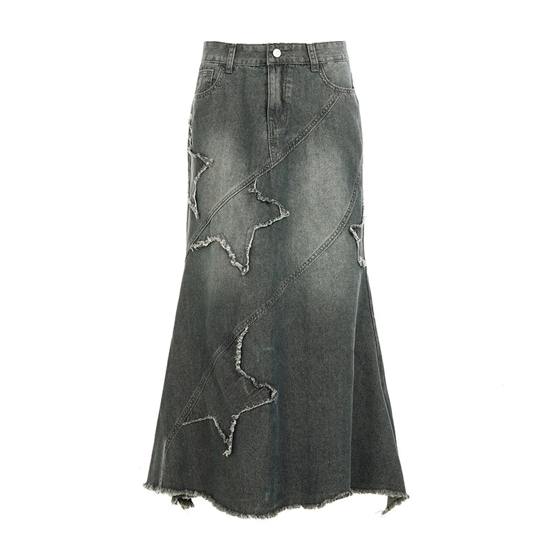 Autumn Winter Distressed Vintage Casual Loose Women's Denim Skirt Raw Hemline Star Patch Irregular Mermaid Tail Waist - Zeprah