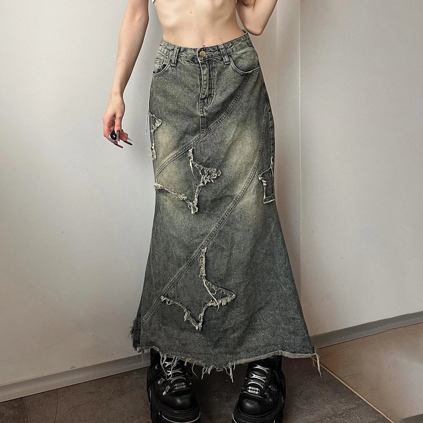 Autumn Winter Distressed Vintage Casual Loose Women's Denim Skirt Raw Hemline Star Patch Irregular Mermaid Tail Waist - Zeprah