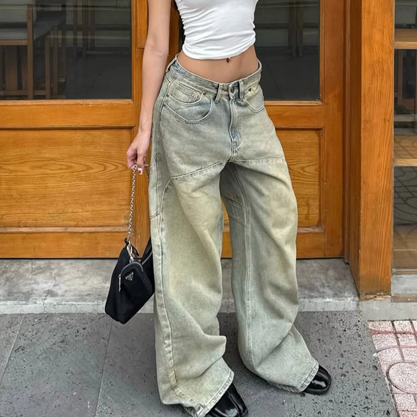 Autumn Winter Hot Sale Distressed Washed Patchwork Low Rise Denim Eco - Friendly Women's Jeans Loose Wide Leg Casual - Zeprah