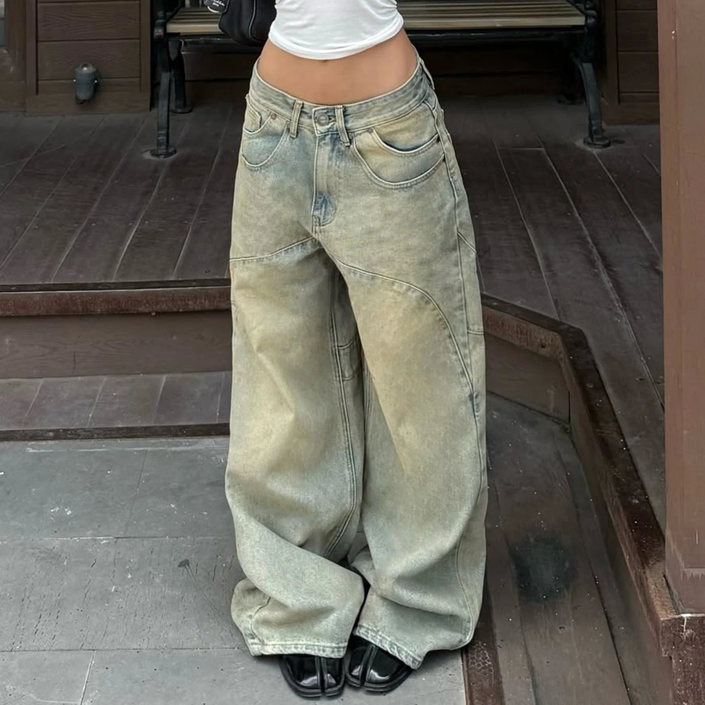 Autumn Winter Hot Sale Distressed Washed Patchwork Low Rise Denim Eco - Friendly Women's Jeans Loose Wide Leg Casual - Zeprah