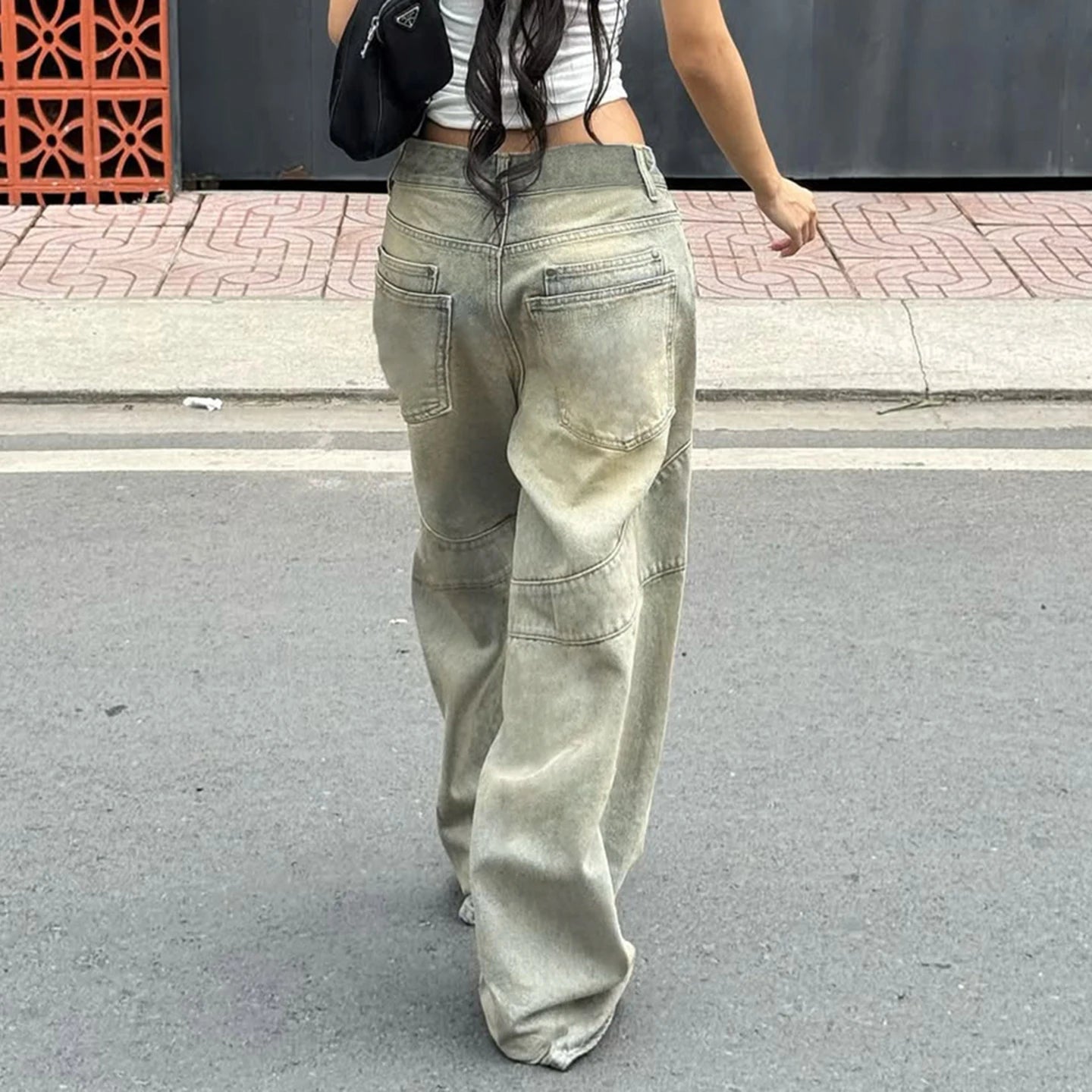 Autumn Winter Hot Sale Distressed Washed Patchwork Low Rise Denim Eco - Friendly Women's Jeans Loose Wide Leg Casual - Zeprah