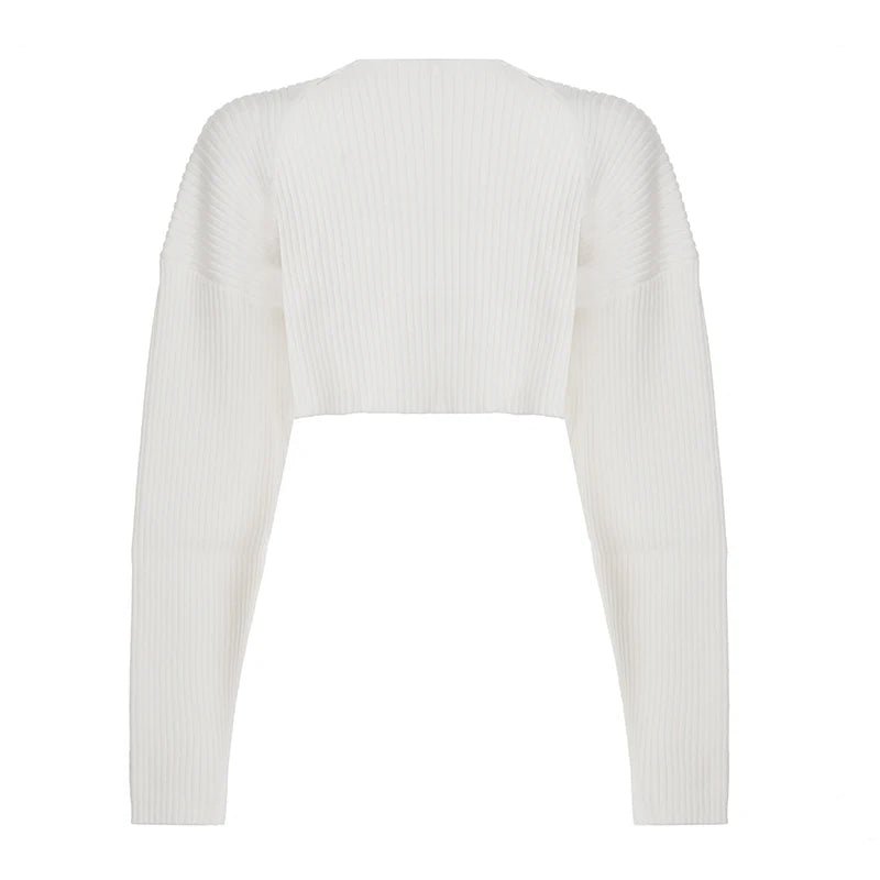 Autumn Winter Hot White Short Cropped Sweater Oversized Open Front Shirt/Blouse Women Sophisticated Minimalist - Zeprah