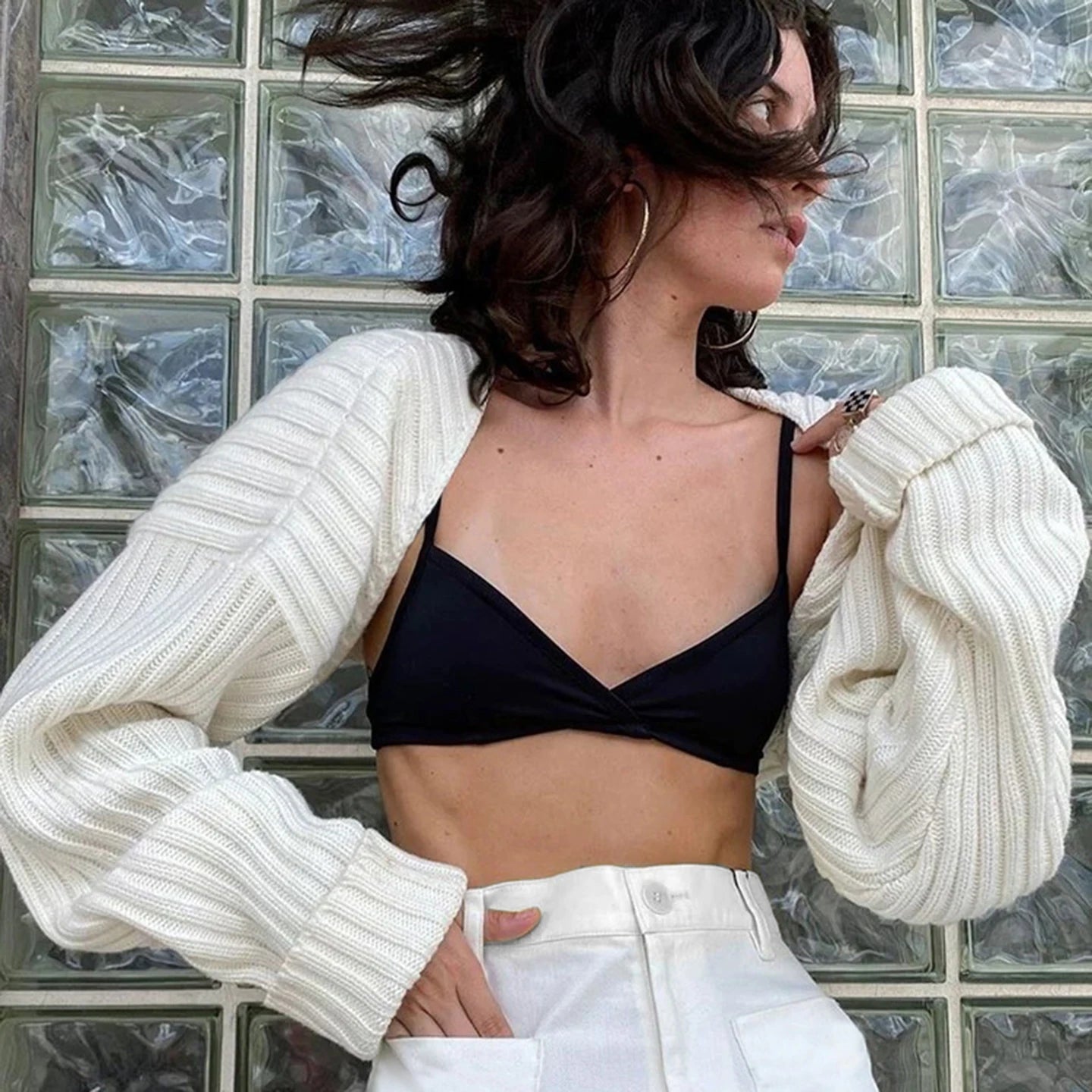 Autumn Winter Hot White Short Cropped Sweater Oversized Open Front Shirt/Blouse Women Sophisticated Minimalist - Zeprah