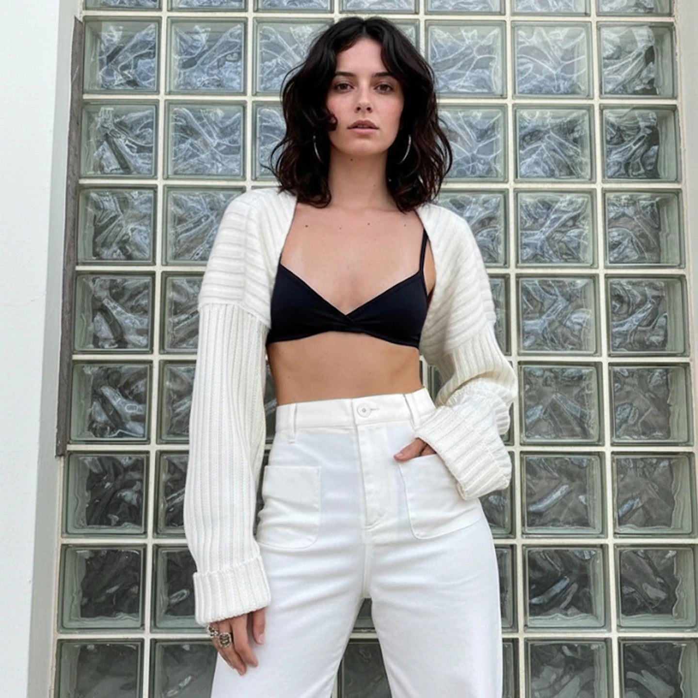 Autumn Winter Hot White Short Cropped Sweater Oversized Open Front Shirt/Blouse Women Sophisticated Minimalist - Zeprah