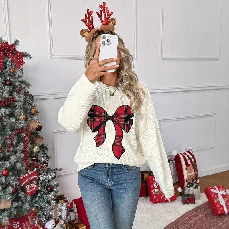 Autumn Winter New Christmas Sweet Bow Plaid Embroidered Knitted Acrylic Fiber Sweater - Zeprah