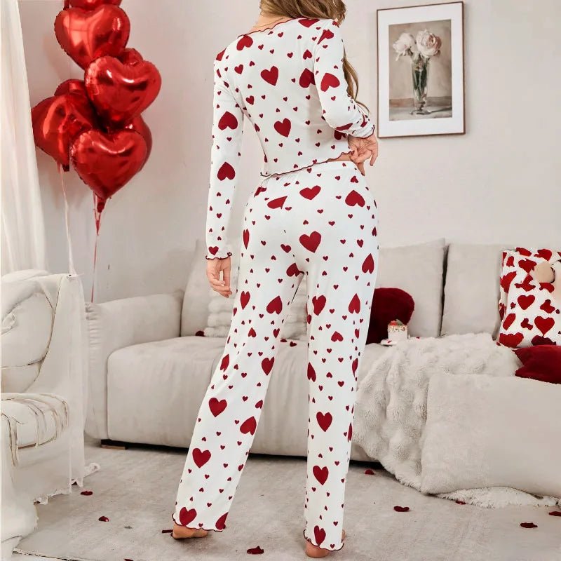 Autumn Winter New Pajamas Two - Piece Set for Women Heart Print Long Sleeve Long Pants European American Homewear - Zeprah