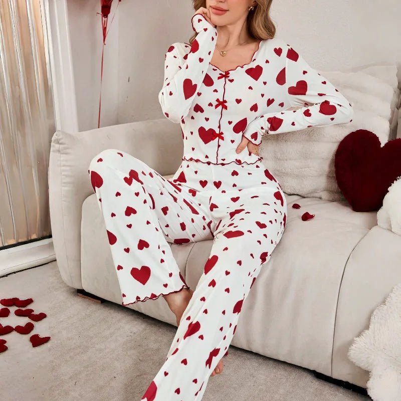Autumn Winter New Pajamas Two - Piece Set for Women Heart Print Long Sleeve Long Pants European American Homewear - Zeprah