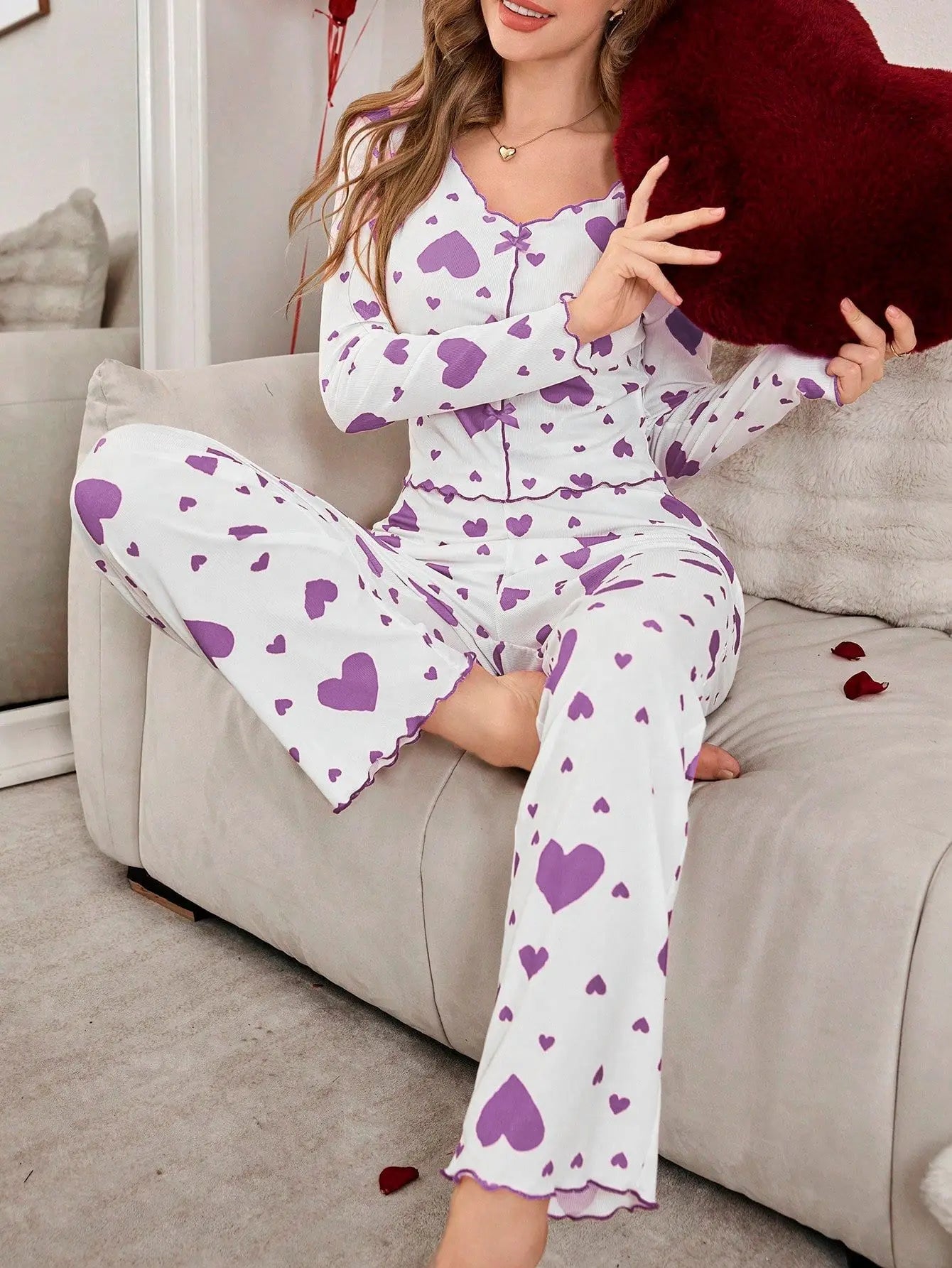 Autumn Winter New Pajamas Two - Piece Set for Women Heart Print Long Sleeve Long Pants European American Homewear - Zeprah