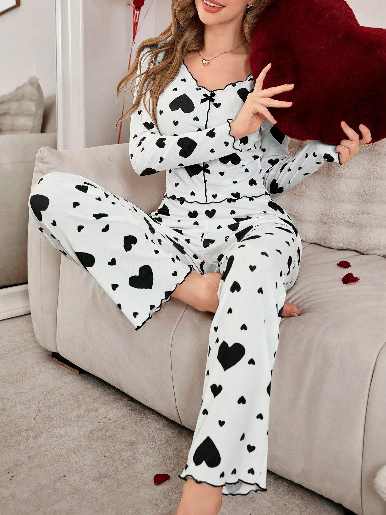 Autumn Winter New Pajamas Two - Piece Set for Women Heart Print Long Sleeve Long Pants European American Homewear - Zeprah