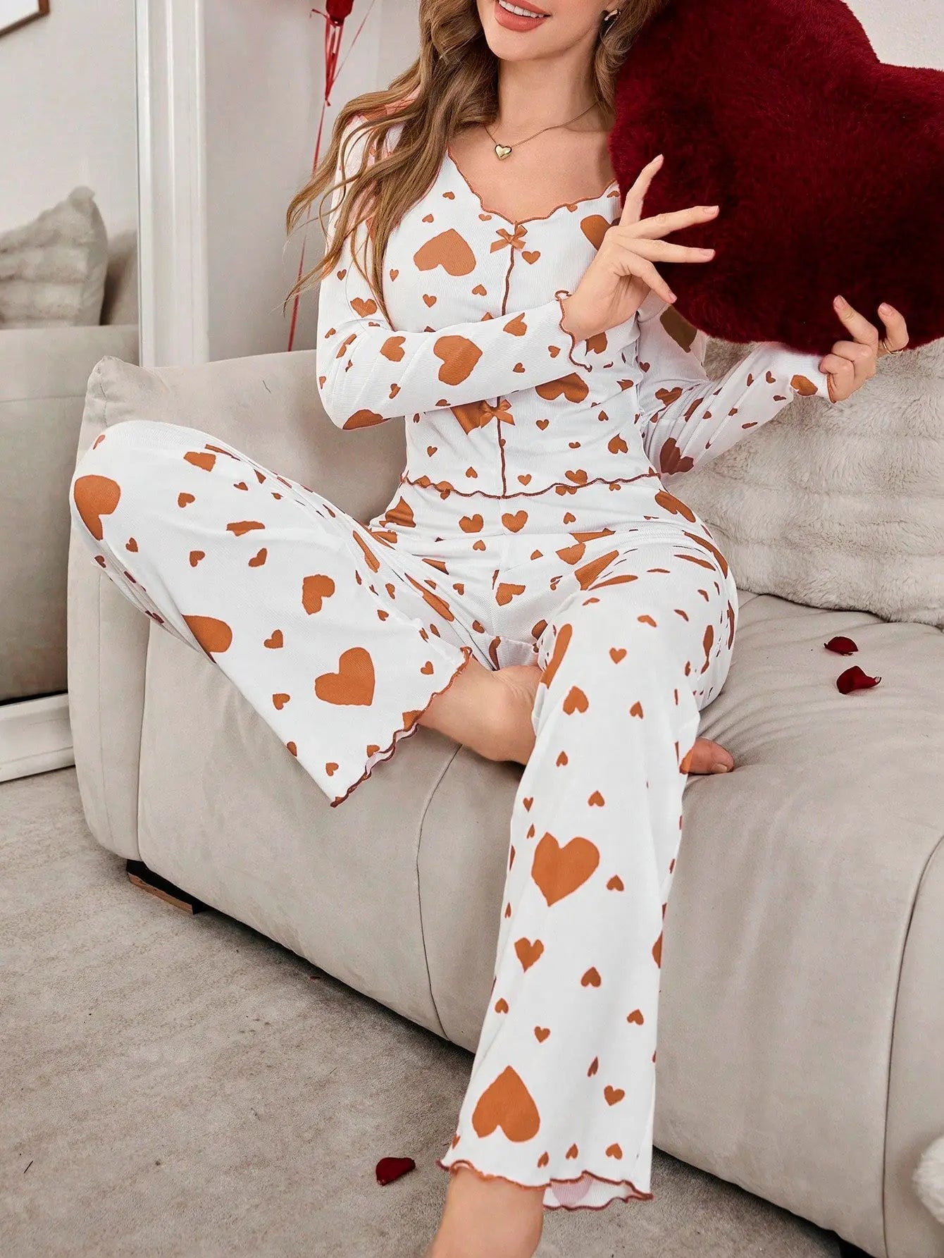 Autumn Winter New Pajamas Two - Piece Set for Women Heart Print Long Sleeve Long Pants European American Homewear - Zeprah