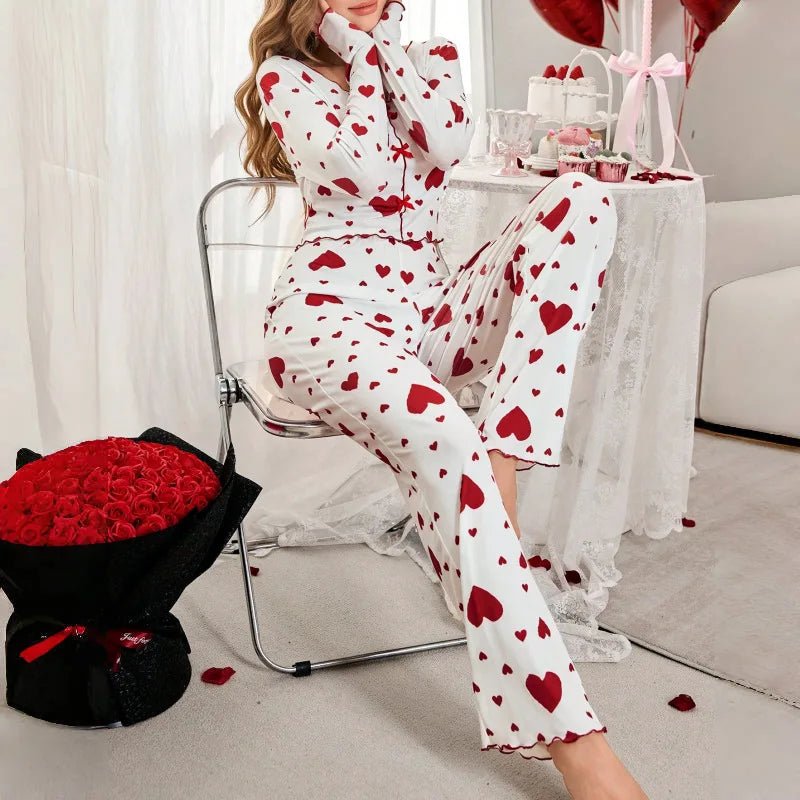 Autumn Winter New Pajamas Two - Piece Set for Women Heart Print Long Sleeve Long Pants European American Homewear - Zeprah