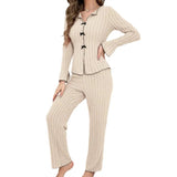 Autumn Winter Women's Breathable Elastic Waist Polyester Turn - Down Collar Long Sleeve Long Pants Pajamas Set - Zeprah