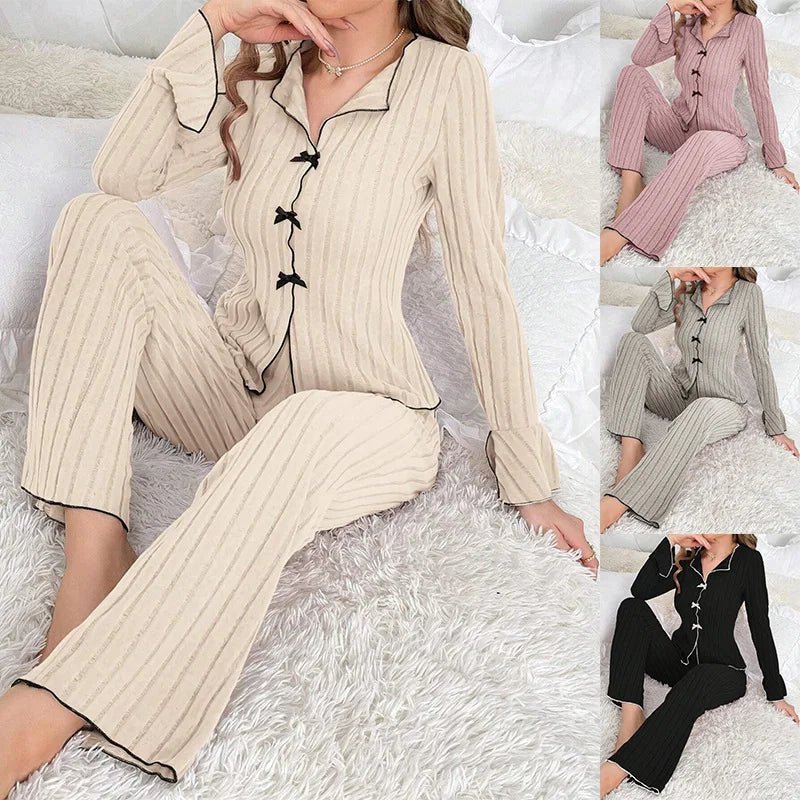 Autumn Winter Women's Breathable Elastic Waist Polyester Turn - Down Collar Long Sleeve Long Pants Pajamas Set - Zeprah