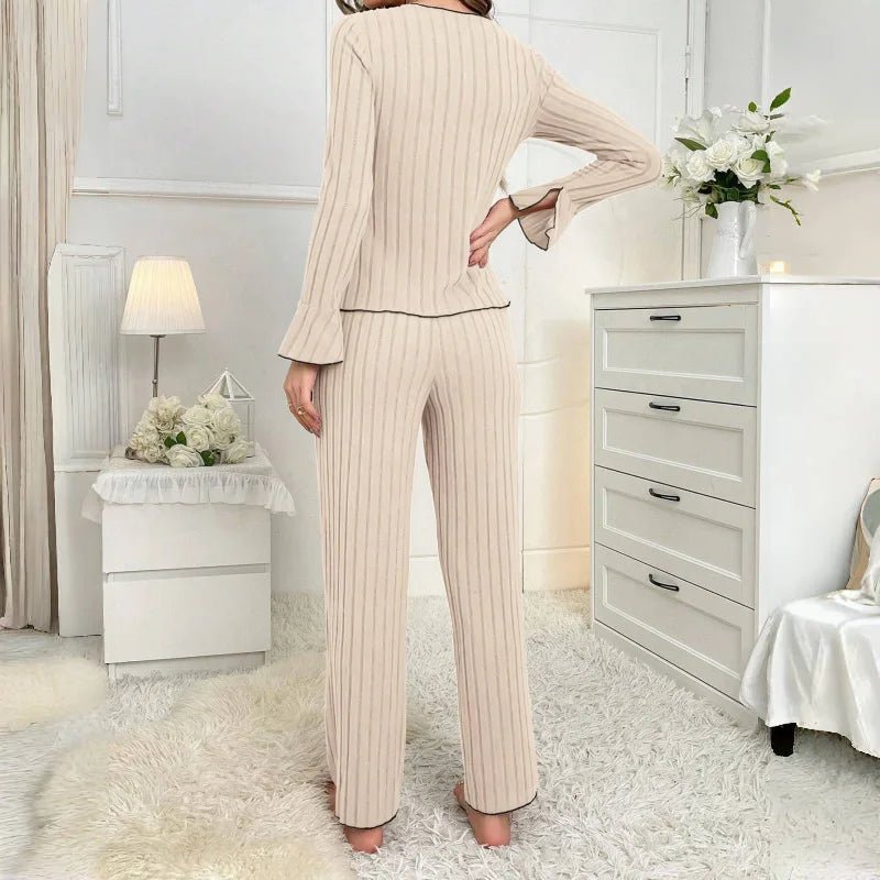 Autumn Winter Women's Breathable Elastic Waist Polyester Turn - Down Collar Long Sleeve Long Pants Pajamas Set - Zeprah