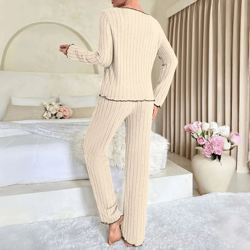 Autumn Winter Women's Elastic Waist Breathable Long Sleeve V - neck Pajamas Set - Zeprah