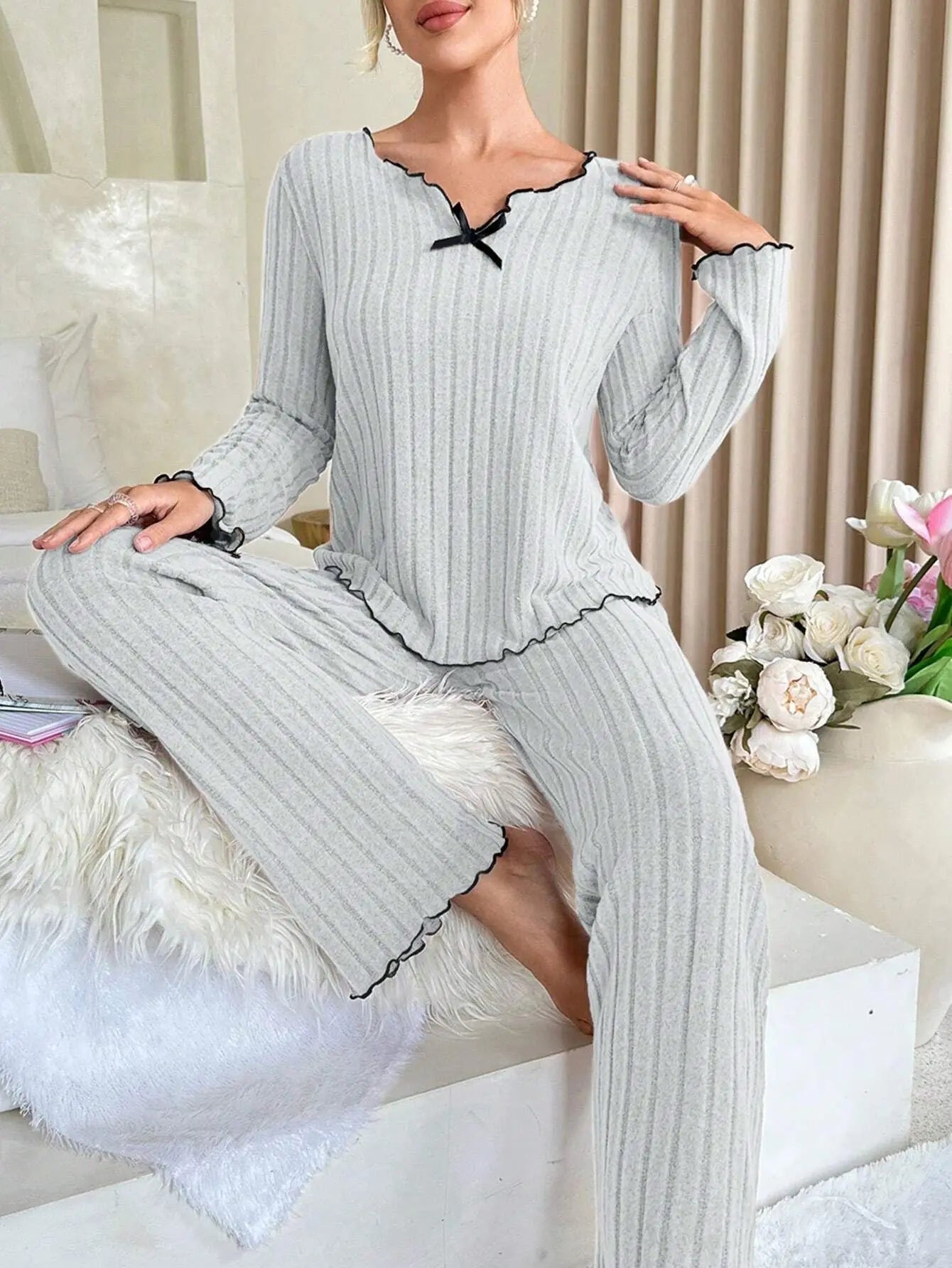 Autumn Winter Women's Elastic Waist Breathable Long Sleeve V - neck Pajamas Set - Zeprah