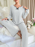 Autumn Winter Women's Elastic Waist Breathable Long Sleeve V - neck Pajamas Set - Zeprah