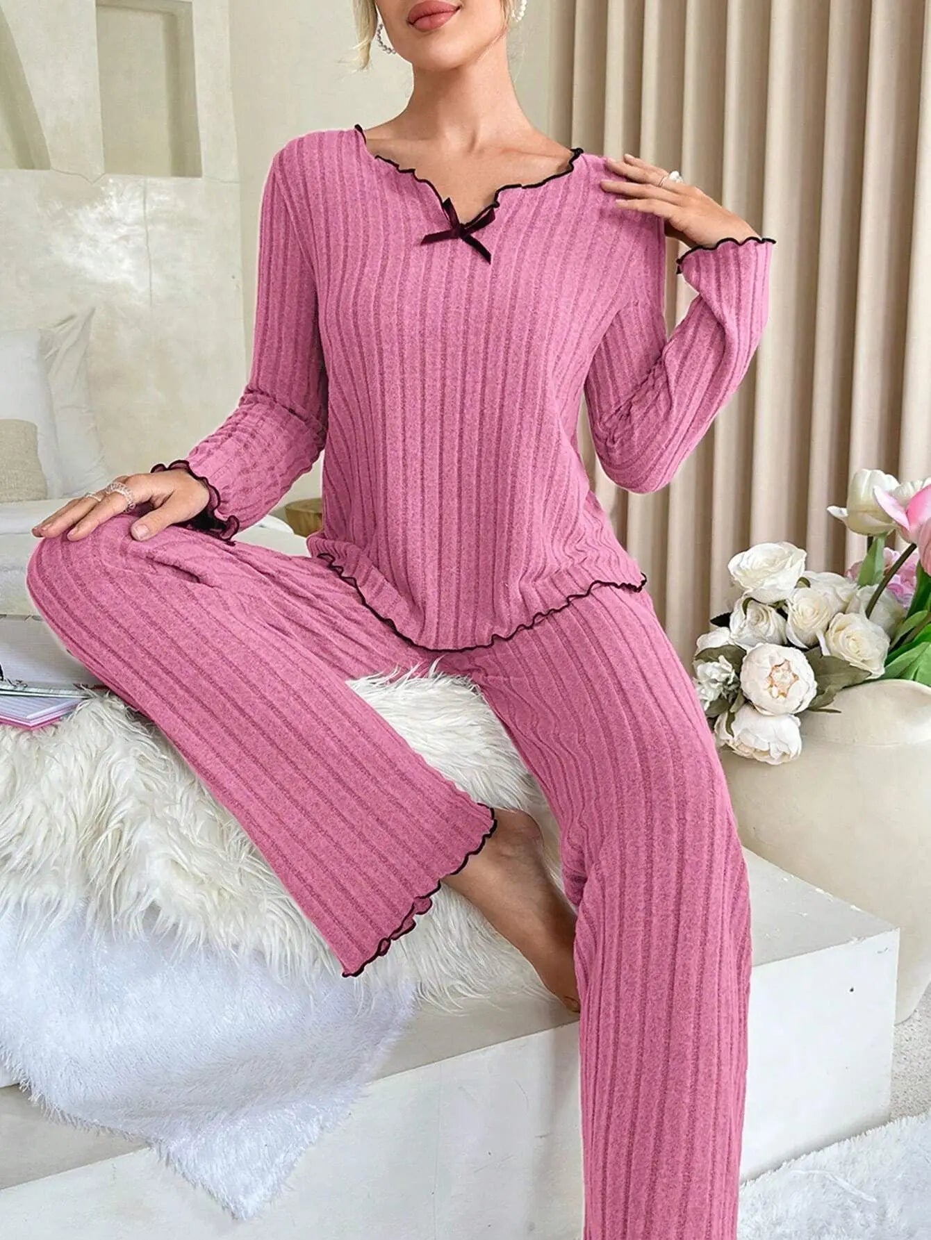 Autumn Winter Women's Elastic Waist Breathable Long Sleeve V - neck Pajamas Set - Zeprah