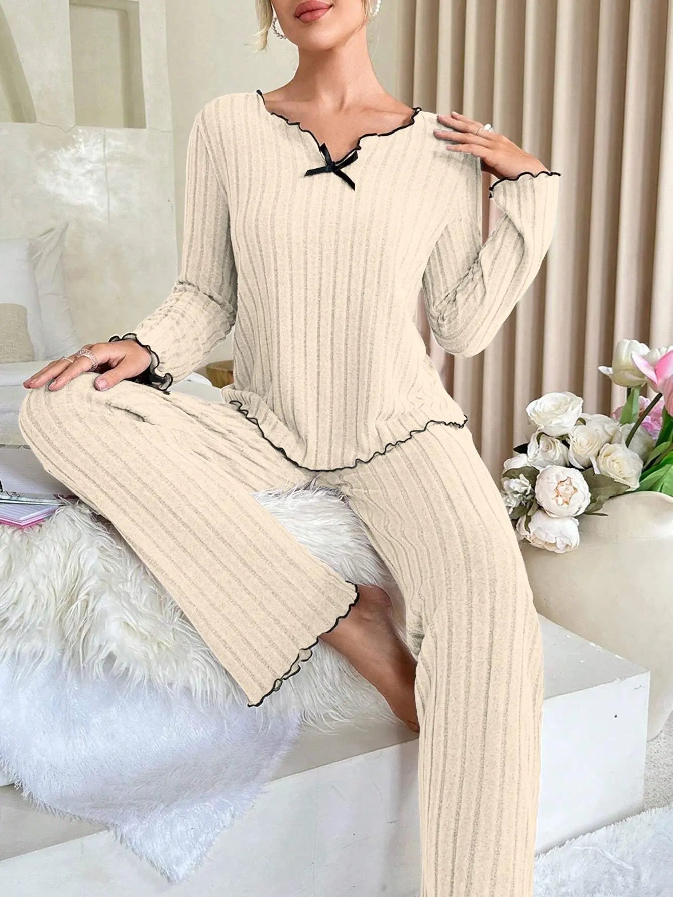 Autumn Winter Women's Elastic Waist Breathable Long Sleeve V - neck Pajamas Set - Zeprah