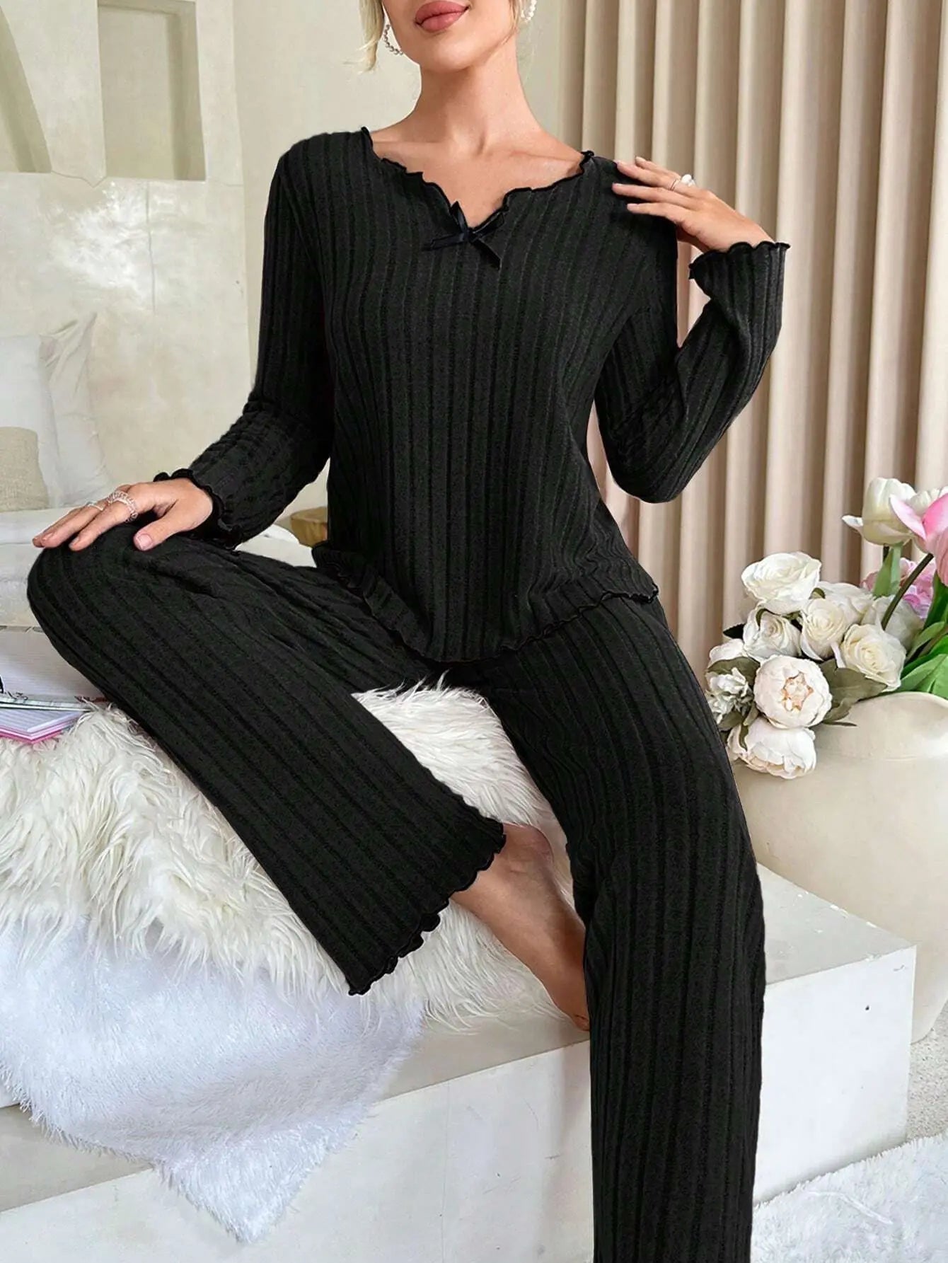 Autumn Winter Women's Elastic Waist Breathable Long Sleeve V - neck Pajamas Set - Zeprah