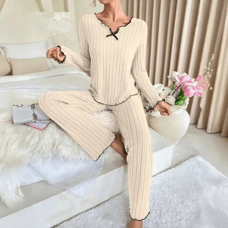 Autumn Winter Women's Elastic Waist Breathable Long Sleeve V - neck Pajamas Set - Zeprah