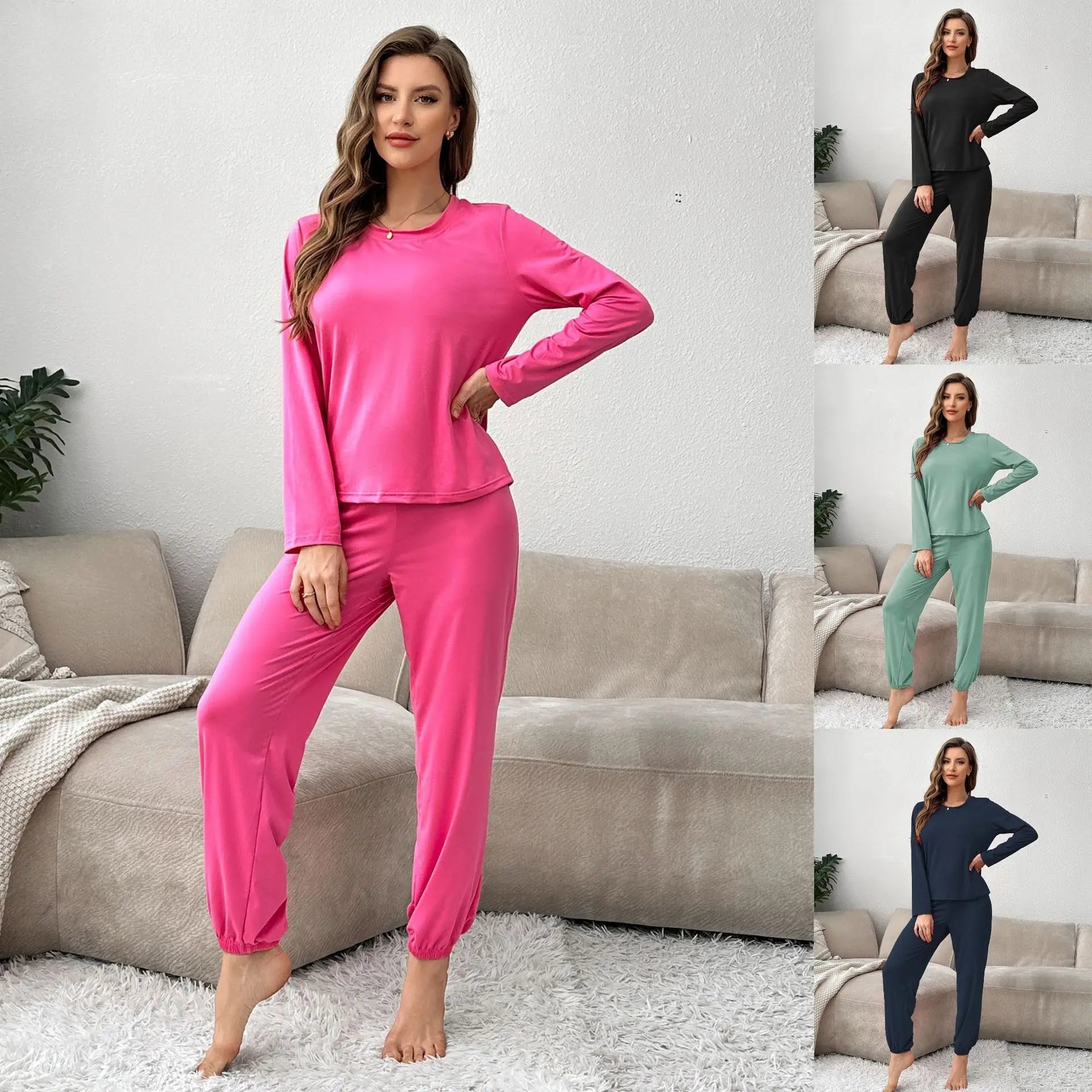 Autumn Winter Women's Loungewear Set Soft Comfortable Pajama Elastic Waist Long - Sleeved Long Pants Solid Color - Zeprah