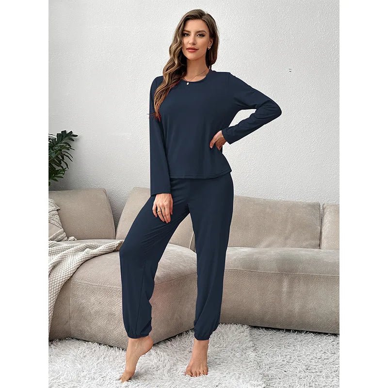 Autumn Winter Women's Loungewear Set Soft Comfortable Pajama Elastic Waist Long - Sleeved Long Pants Solid Color - Zeprah