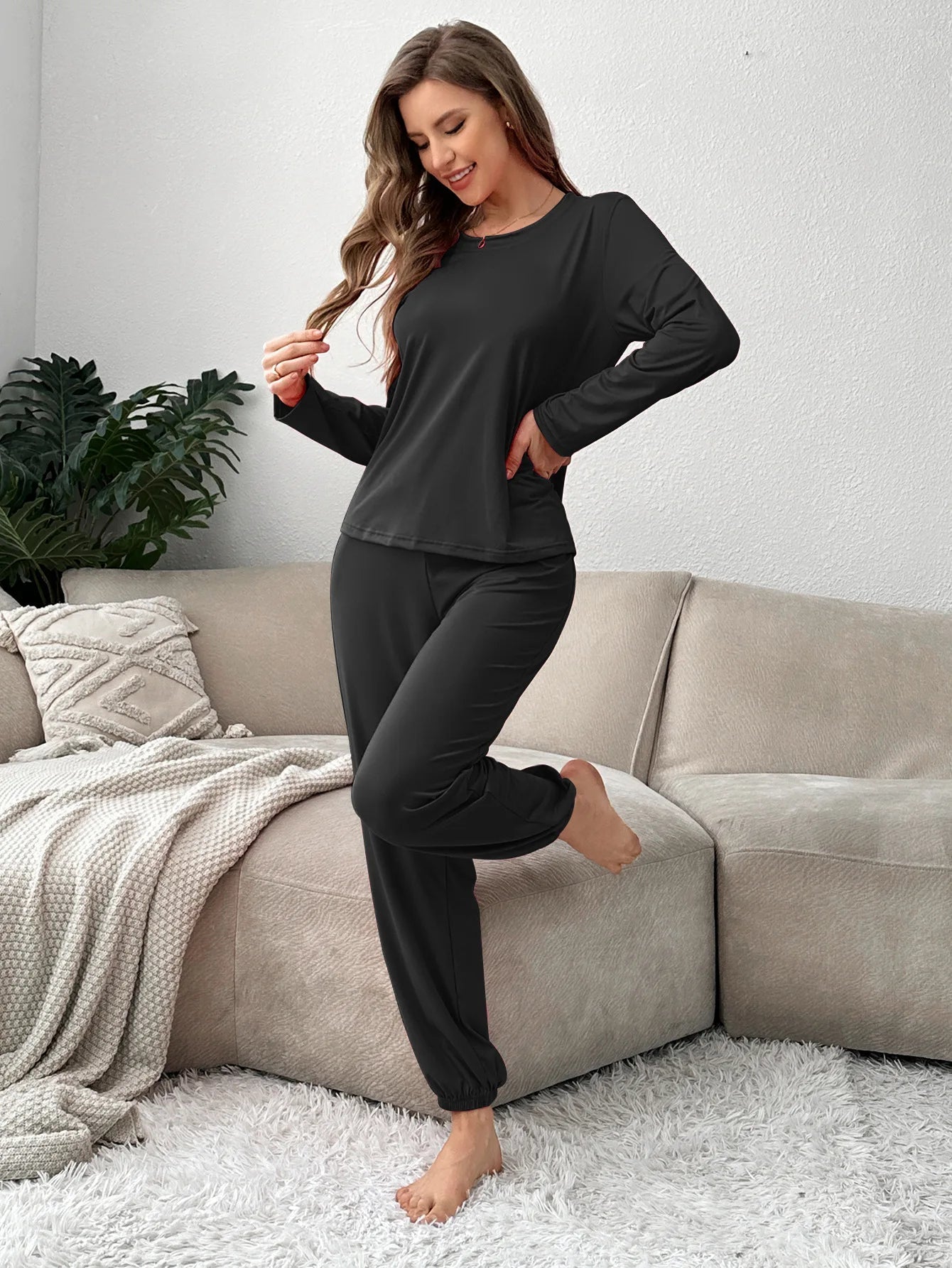 Autumn Winter Women's Loungewear Set Soft Comfortable Pajama Elastic Waist Long - Sleeved Long Pants Solid Color - Zeprah