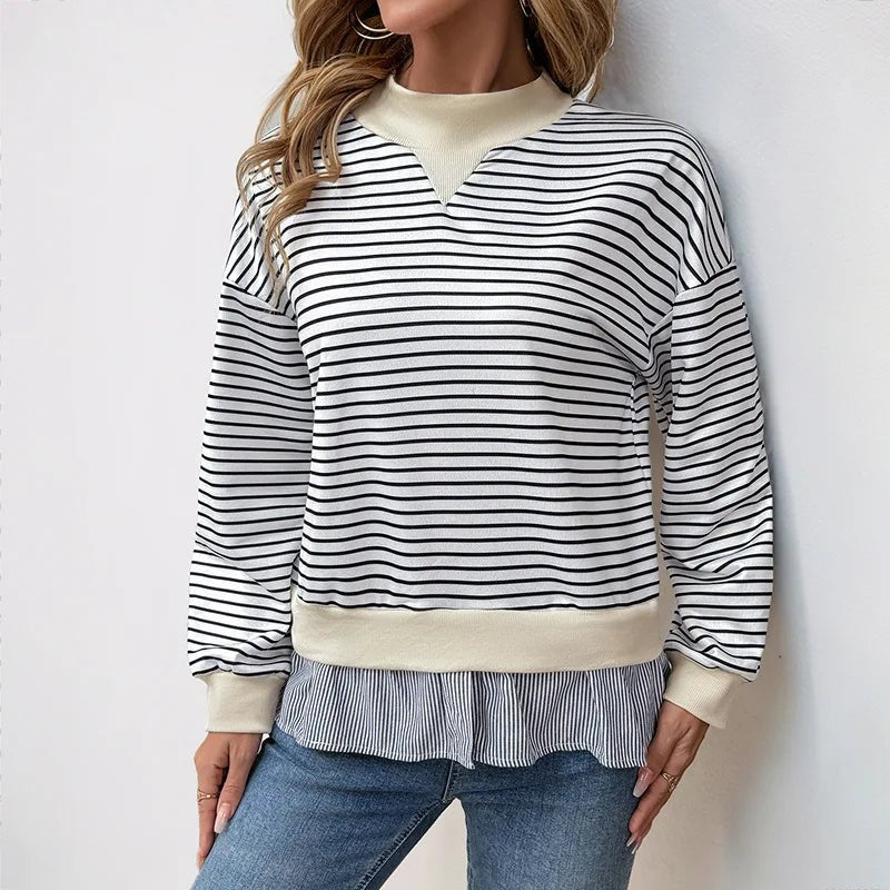 Autumn Women's Casual Date Commuting Half High Collar Loose Striped Sweatshirt - Zeprah