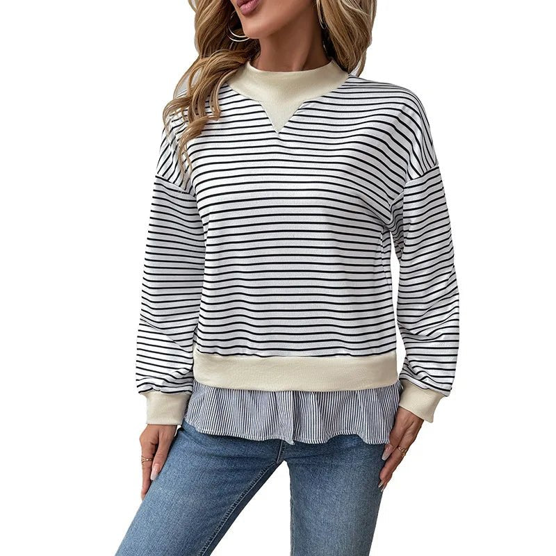 Autumn Women's Casual Date Commuting Half High Collar Loose Striped Sweatshirt - Zeprah