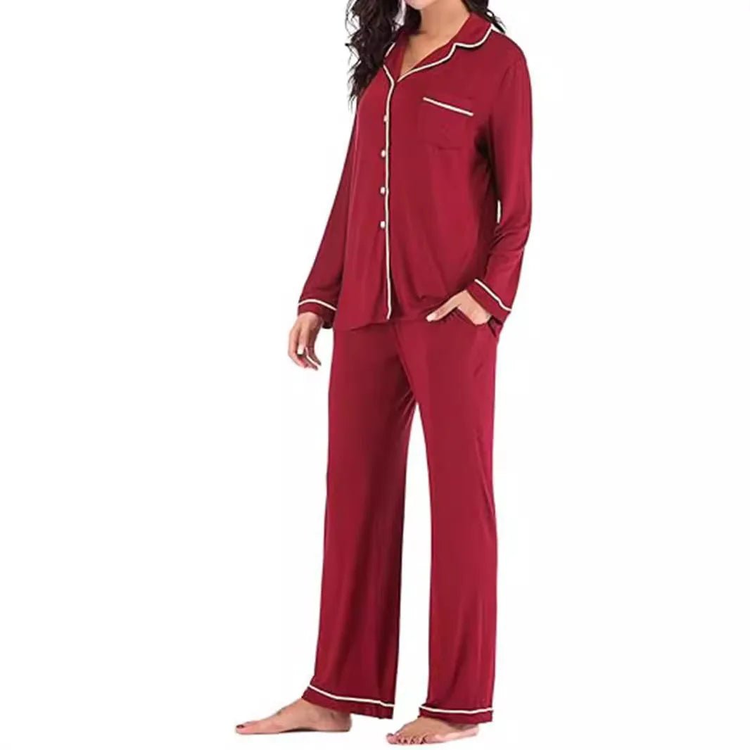 Autumn Women's Satin Casual Pajama Set with Elastic Waist Long Sleeves Full Length Breathable - Zeprah