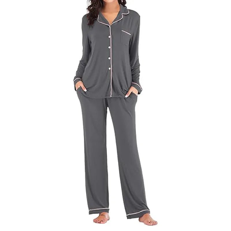 Autumn Women's Satin Casual Pajama Set with Elastic Waist Long Sleeves Full Length Breathable - Zeprah
