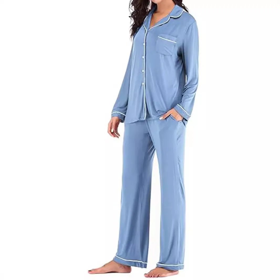 Autumn Women's Satin Casual Pajama Set with Elastic Waist Long Sleeves Full Length Breathable - Zeprah
