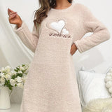 Autumn/Winter Casual Pink Heart Flannel Long Sleeve Nightgown Pullover Mid - Length Loungewear - Zeprah